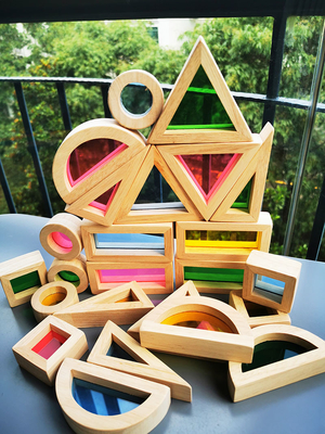 Παιδιών Montessori ξύλινο στερεό λαστιχένιο ξύλο φραγμών καθρεφτών ουράνιων τόξων παιχνιδιών αισθητήριο που συσσωρεύει τον ακρυλικό στοιβαχτή Buliding εκπαιδευτικό