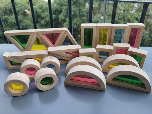 Παιδιών Montessori ξύλινο στερεό λαστιχένιο ξύλο φραγμών καθρεφτών ουράνιων τόξων παιχνιδιών αισθητήριο που συσσωρεύει τον ακρυλικό στοιβαχτή Buliding εκπαιδευτικό