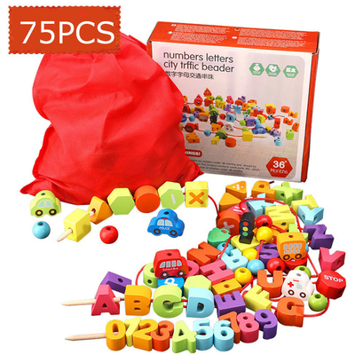 75Pcs ξύλινο αστικής κυκλοφορίας παιχνίδι σχοινιών αριθμού διακοσμημένο με χάντρες επιστολή που δένει με σπάγγο το πέρασμα κλωστής σε βελόνα
