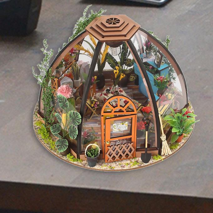 DIY μικροσκοπικό Dollhouse με επίπλων κηπουρικής εργαλείων των οδηγήσεων την ελαφριά μπαταριών μόνη συνέλευση Dollhouse σπιτιών κήπων τεχνών περίπτωσης ξύλινη
